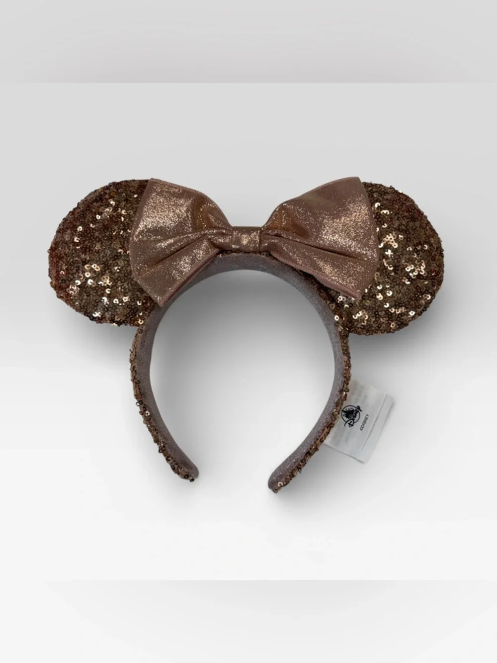 Disney Parks Rose Gold Sequin Pink Satin Bow Mouse Ears Headband EUC